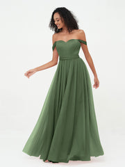 Off Shoulder Sweetheart Neck Max Tulle Dresses Olive Green