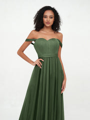 Off Shoulder Sweetheart Neck Max Tulle Dresses Olive Green