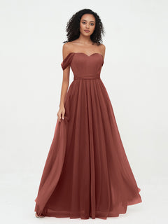 Off Shoulder Sweetheart Neck Max Tulle Dresses Terracotta