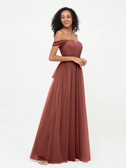Off Shoulder Sweetheart Neck Max Tulle Dresses Terracotta