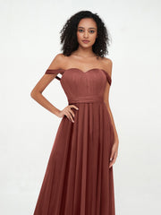 Off Shoulder Sweetheart Neck Max Tulle Dresses Terracotta