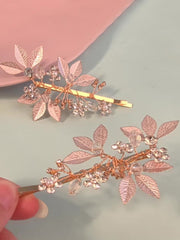 Alloy Diamond-Inlaid Golden Leaf Hair Clip 2 Pcs