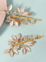 Alloy Diamond-Inlaid Golden Leaf Hair Clip 2 Pcs