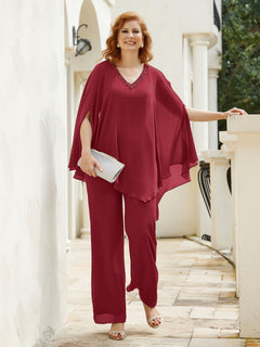 Chiffon  Flutter Sleeves Top Pant Suit Burgundy