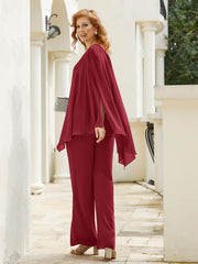 Chiffon  Flutter Sleeves Top Pant Suit Burgundy