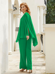 Chiffon  Flutter Sleeves Top Pant Suit Emerald