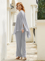 Chiffon  Flutter Sleeves Top Pant Suit Silver