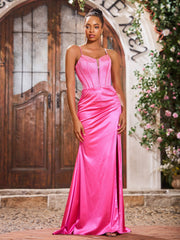 Sheath Spaghetti Straps Stretch Satin Long Dresses With Slit Azalea