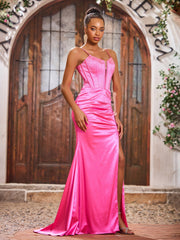 Sheath Spaghetti Straps Stretch Satin Long Dresses With Slit Azalea