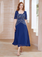 Square Tea-Length Chiffon Dress with Beaded Navy Blue