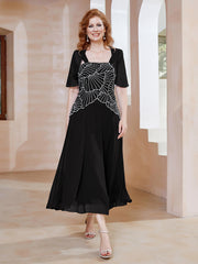 Square Tea-Length Chiffon Dress with Beaded Black