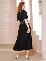 Square Tea-Length Chiffon Dress with Beaded Black