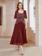 Square Tea-Length Chiffon Dress with Beaded Burgundy