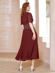 Square Tea-Length Chiffon Dress with Beaded Burgundy