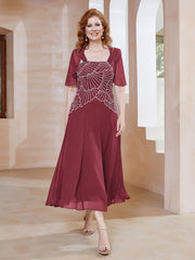 Square Tea-Length Chiffon Dress with Beaded Cinnamon Rose