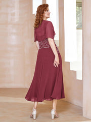 Square Tea-Length Chiffon Dress with Beaded Cinnamon Rose