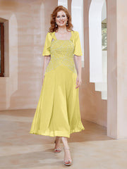 Square Tea-Length Chiffon Dress with Beaded Daffodil Plus Size