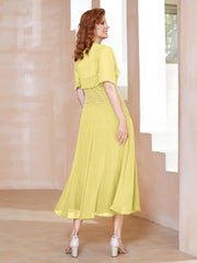 Square Tea-Length Chiffon Dress with Beaded Daffodil Plus Size
