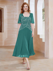 Square Tea-Length Chiffon Dress with Beaded Jade Plus Size