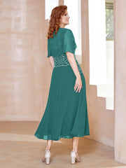 Square Tea-Length Chiffon Dress with Beaded Jade Plus Size