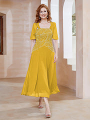 Square Tea-Length Chiffon Dress with Beaded Marigold Plus Size