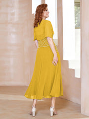 Square Tea-Length Chiffon Dress with Beaded Marigold Plus Size