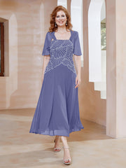 Square Tea-Length Chiffon Dress with Beaded Periwinkle