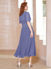 Square Tea-Length Chiffon Dress with Beaded Periwinkle