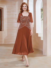 Square Tea-Length Chiffon Dress with Beaded Rust