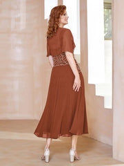 Square Tea-Length Chiffon Dress with Beaded Rust