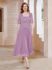 Square Tea-Length Chiffon Dress with Beaded Wisteria Plus Size