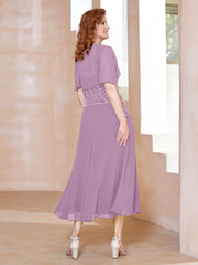 Square Tea-Length Chiffon Dress with Beaded Wisteria Plus Size