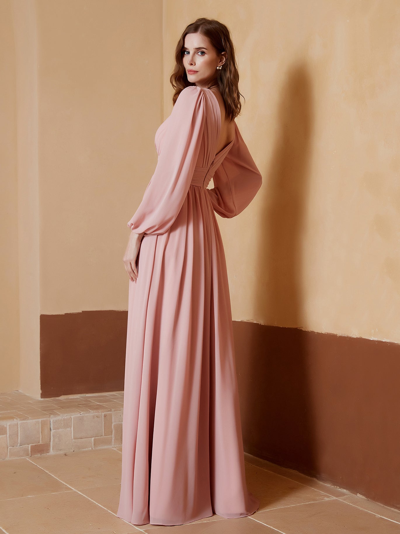 champagne and brown bridesmaid dresses Juliet Charming Long Sleeves Keyhole Back Chiffon Bridesmaid Dresses main image 0