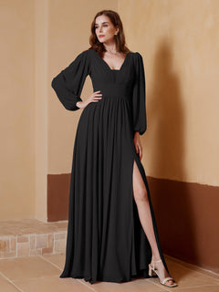 A-Line Pleated Chiffon Dress with Long Sleeves Black