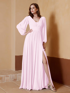 A-Line Pleated Chiffon Dress with Long Sleeves Blushing Pink
