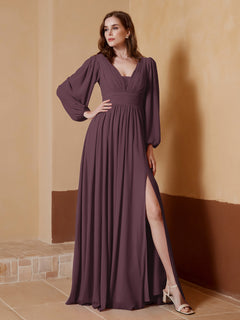 A-Line Pleated Chiffon Dress with Long Sleeves Cabernet