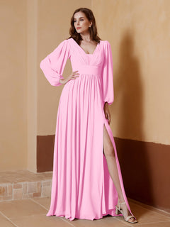 A-Line Pleated Chiffon Dress with Long Sleeves Candy Pink