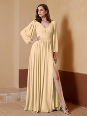 A-Line Pleated Chiffon Dress with Long Sleeves Champagne