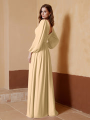 A-Line Pleated Chiffon Dress with Long Sleeves Champagne