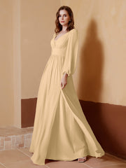 A-Line Pleated Chiffon Dress with Long Sleeves Champagne