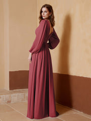 A-Line Pleated Chiffon Dress with Long Sleeves Cinnamon Rose