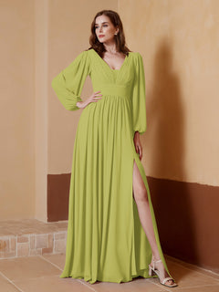 A-Line Pleated Chiffon Dress with Long Sleeves Clover
