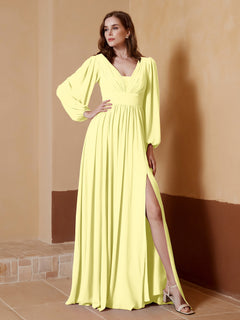A-Line Pleated Chiffon Dress with Long Sleeves Daffodil