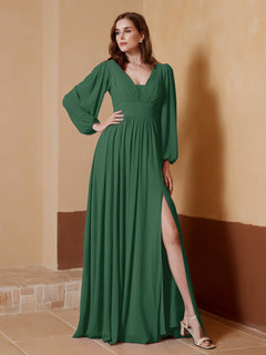 A-Line Pleated Chiffon Dress with Long Sleeves Dark Green