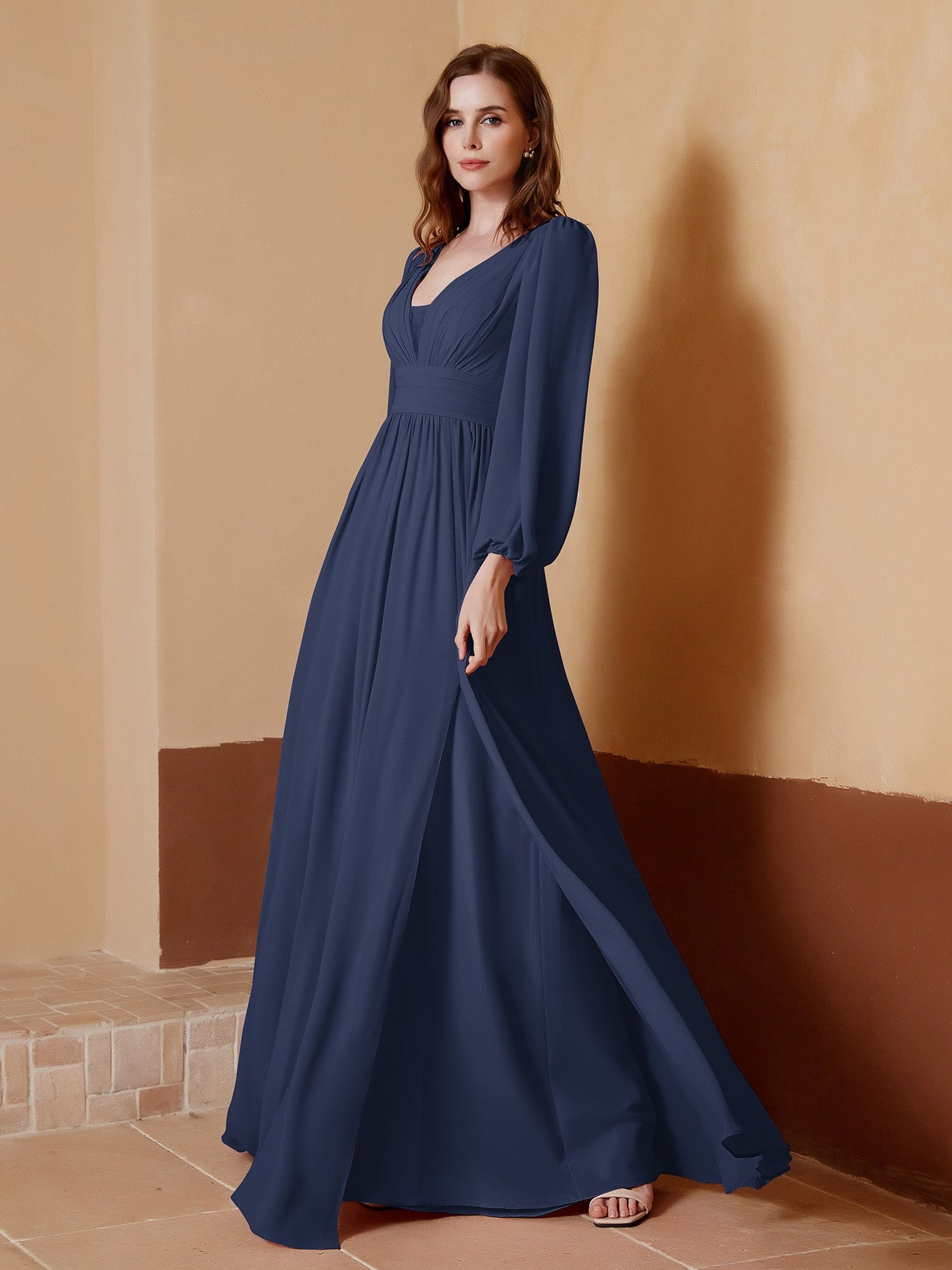 long navy bridesmaid dresses with sleeves Zapaka Women Long Navy Mother of the Bride Dress with Lace Back Zipper Mermaid Long Sleeves Formal Dress, Navy / US16W main image 0