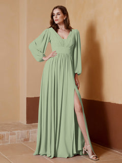A-Line Pleated Chiffon Dress with Long Sleeves Dusty Sage