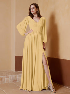 A-Line Pleated Chiffon Dress with Long Sleeves Gold