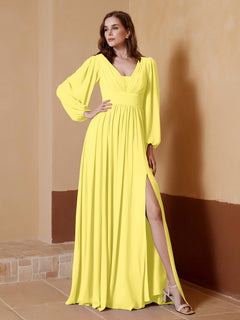 A-Line Pleated Chiffon Dress with Long Sleeves Lemon