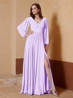 A-Line Pleated Chiffon Dress with Long Sleeves Lilac