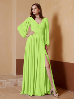 A-Line Pleated Chiffon Dress with Long Sleeves Lime Green